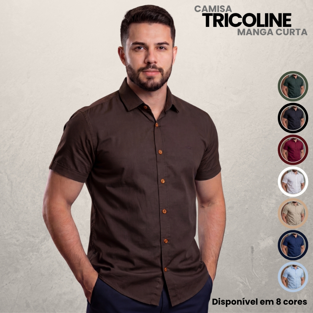 Camisa Masculina Social Manga Curta Casual Confortável Tricoline Para o Dia a Dia Trabalho