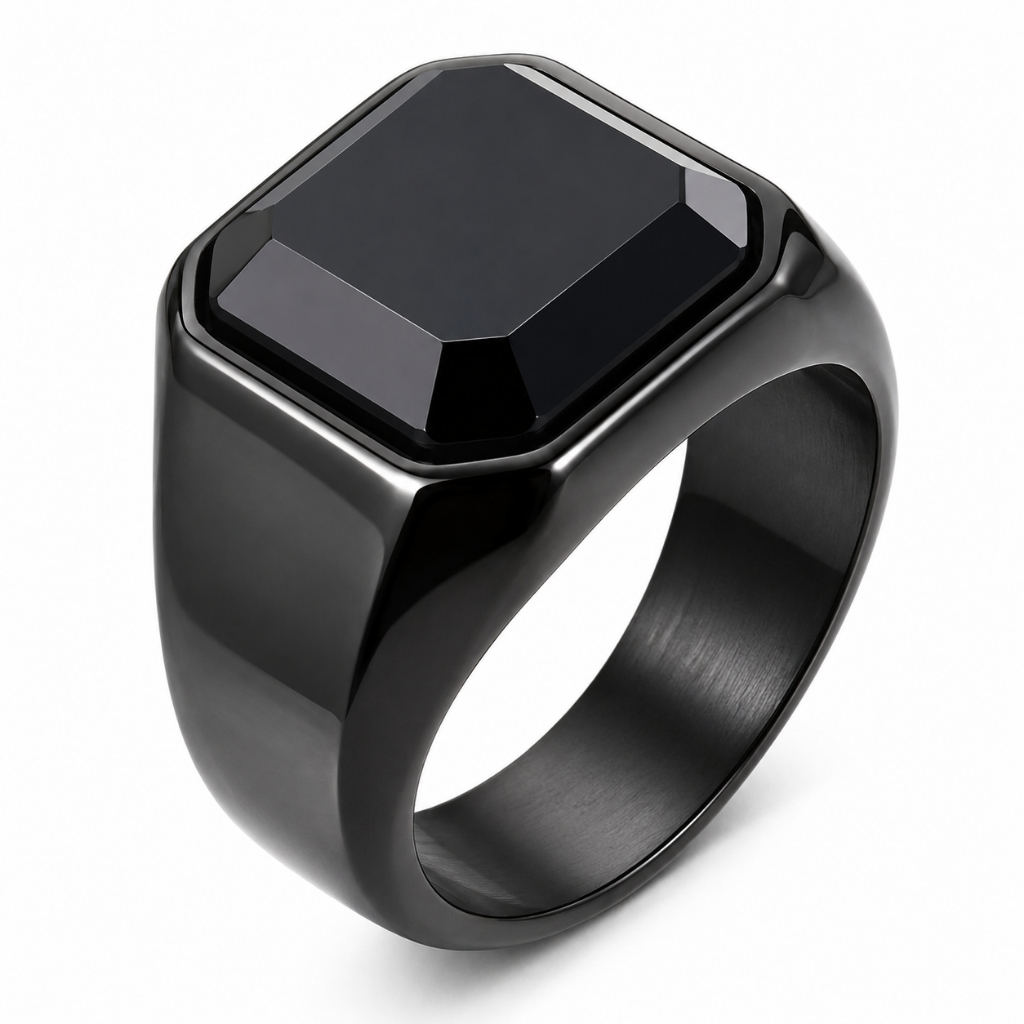 Anel Masculino Titânio Preto Pedra Ônix Luxo Comendador Executivo Anatômico Resistente Não Risca Qualidade Premium