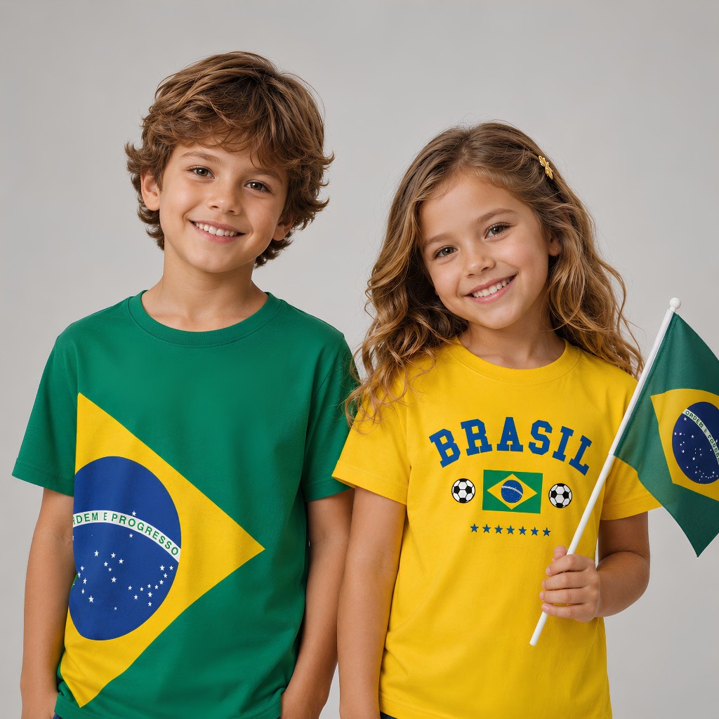 Kit 1 ou 2 Camisetas Infantil Brasil Copa Do Mundo 100% Algodão Amarela ou Verde Bandeira