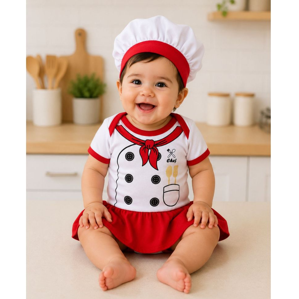 Body Infantil Chef de Cozinha + Touca Fantasia Bebê Menina Mesversário Cozinheira
