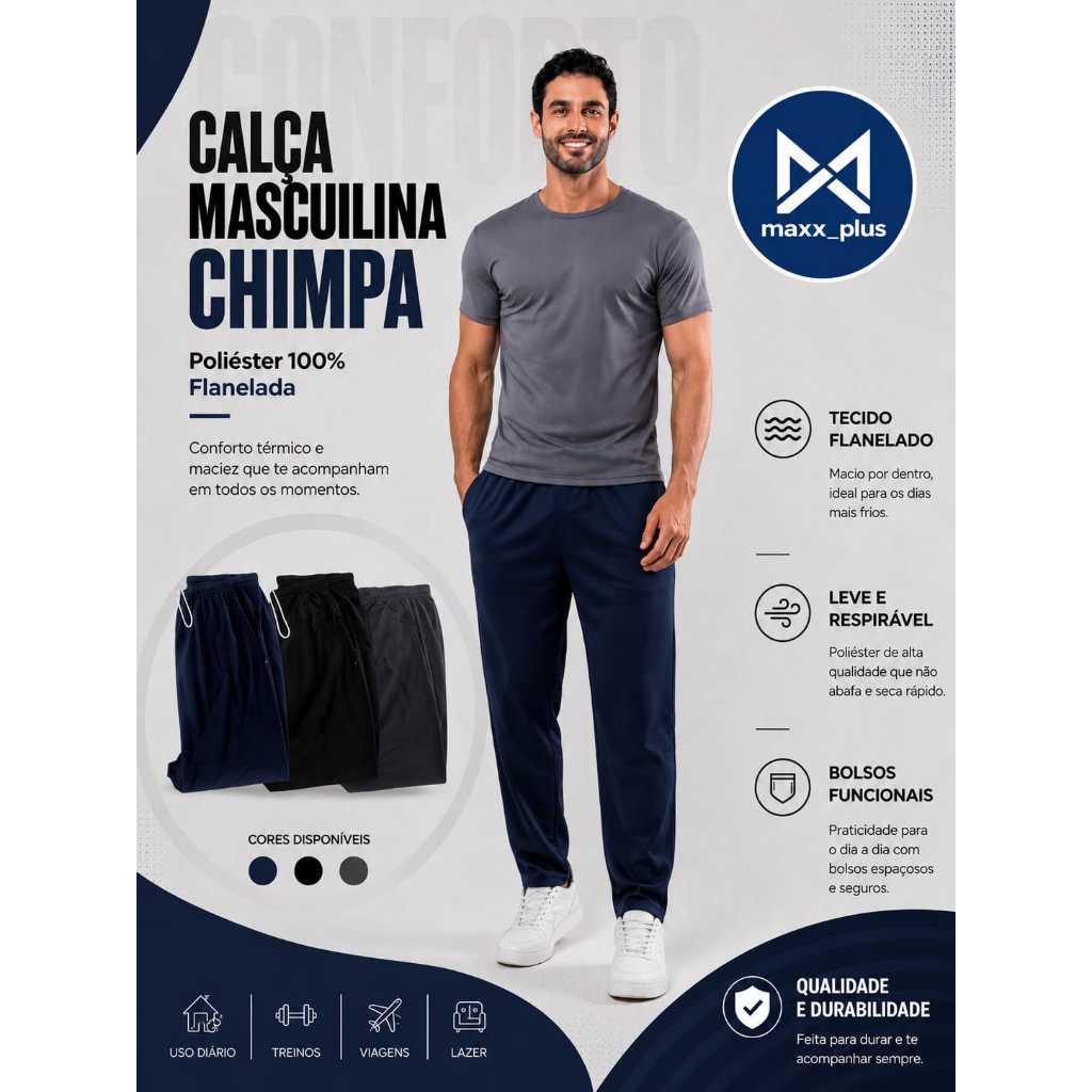 Calça Masculina Esportiva Chimpa Poliéster Flanelada Casual Lisa Casual e Academia
