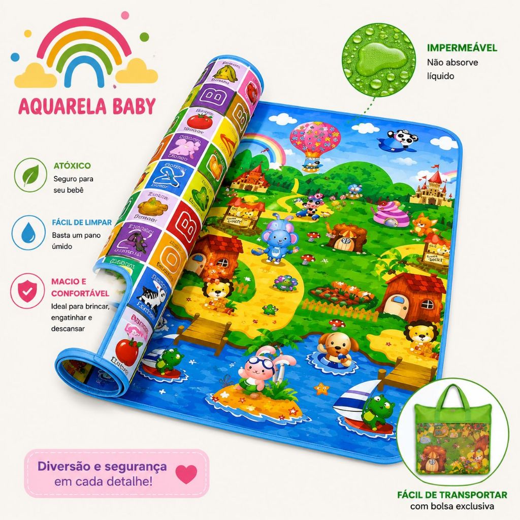 Tapete de Atividade Dupla Face 120x180 e Tapete G 2,00 X 1,80M X 0,5MM Infantil Emborrachado Educativo Bebê Crianças