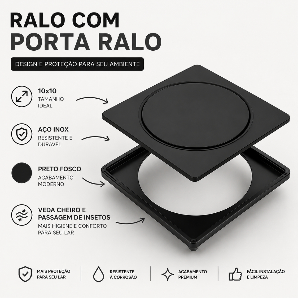 Ralo Click Inteligente 10x10 Preto Matte Para Piso de Banheiro Lavabo + Porta Ralo Click Preto Matte