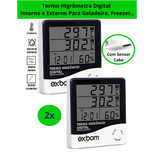 Termo-higrômetro C/ SENSOR Interno/Externo Termômetro Higrômetro Digital Geladeira, Freezer Exbom