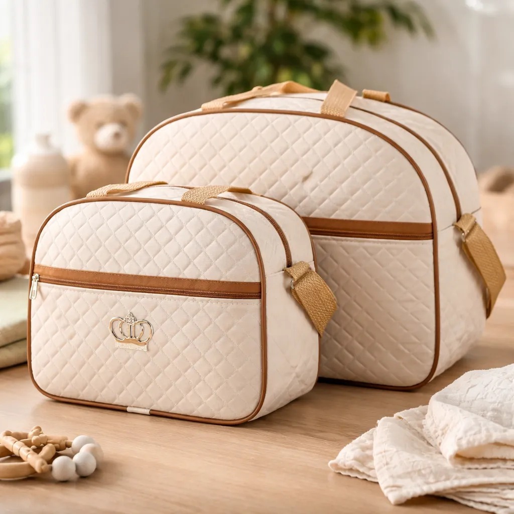 Kit Bolsa Maternidade Bebê 2 Peças Mala Maternidade Grande Pequena Acolchoada Bege