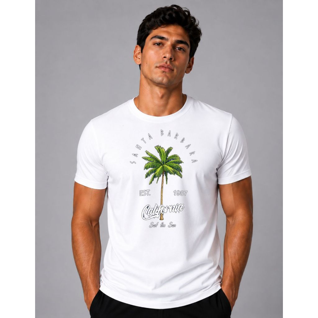 Camiseta Masculina Estampada California Coqueiro Surf Praia Algodão Casual Streetwear Manga Curta