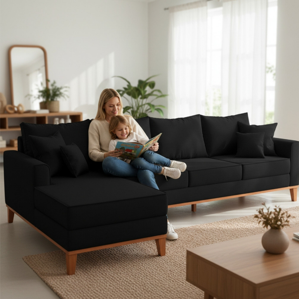 Sofá 4 Lugares Beny com Chaise Esquerdo Corino Preto