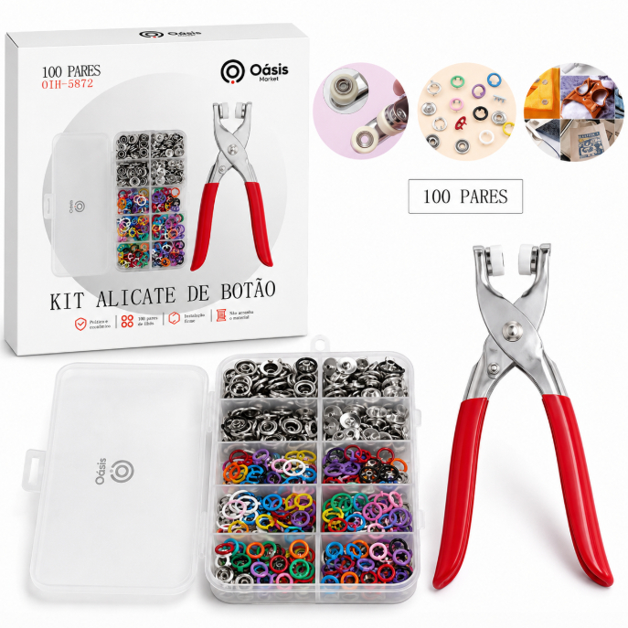 Kit Alicate de Botão de Pressão com 100 Pares – Fácil de Usar e Resistente