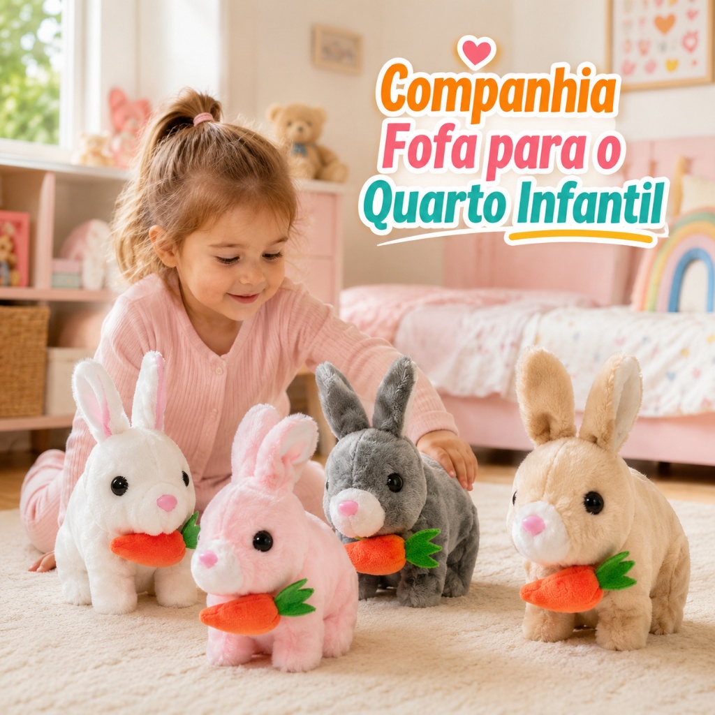 Pelúcia Coelho Elétrico Interativo com Movimento e Sons, Design Fofo em Várias Cores para Brincadeiras Infantis