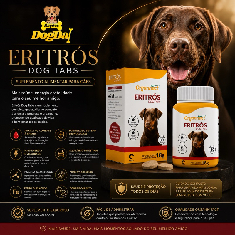 Eritrós Dog Tabs Organnact 30 Tabletes | Suplemento para Cães com Ferro Quelatado, Vitaminas e Prebióticos Mais Energia