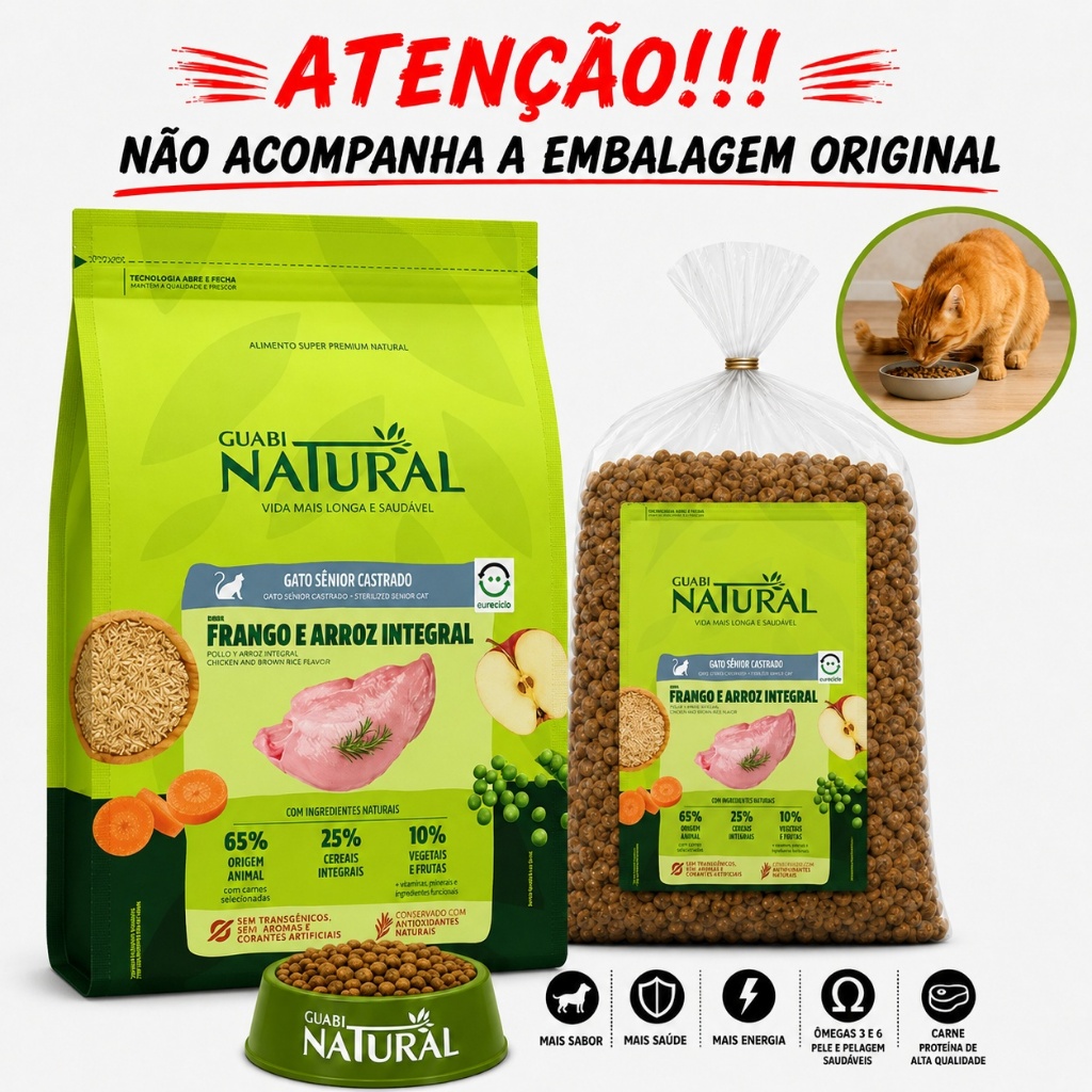 Guabi Natural Gatos, Ração para Gatos Sênior Castrados, Frango e Arroz Integr... 3kg