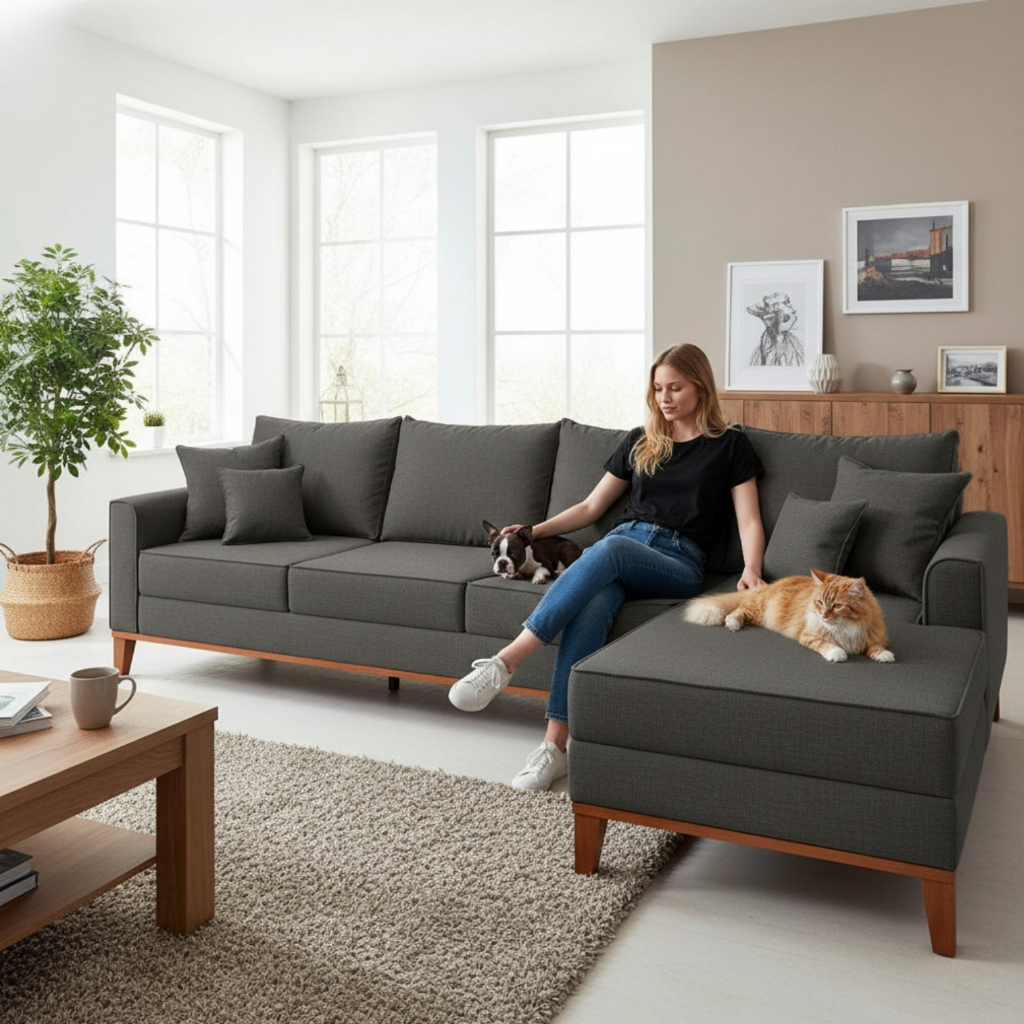 Sofá 4 Lugares Beny com Chaise Direito Suede Cinza