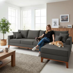 Sofá 4 Lugares Beny com Chaise Direito Suede Cinza