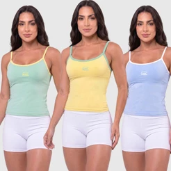 Kit 3 Regata Alça Fitness Brasil Blusa Feminino Poliamida Camiseta Copa do Mundo Seleção Brasileira