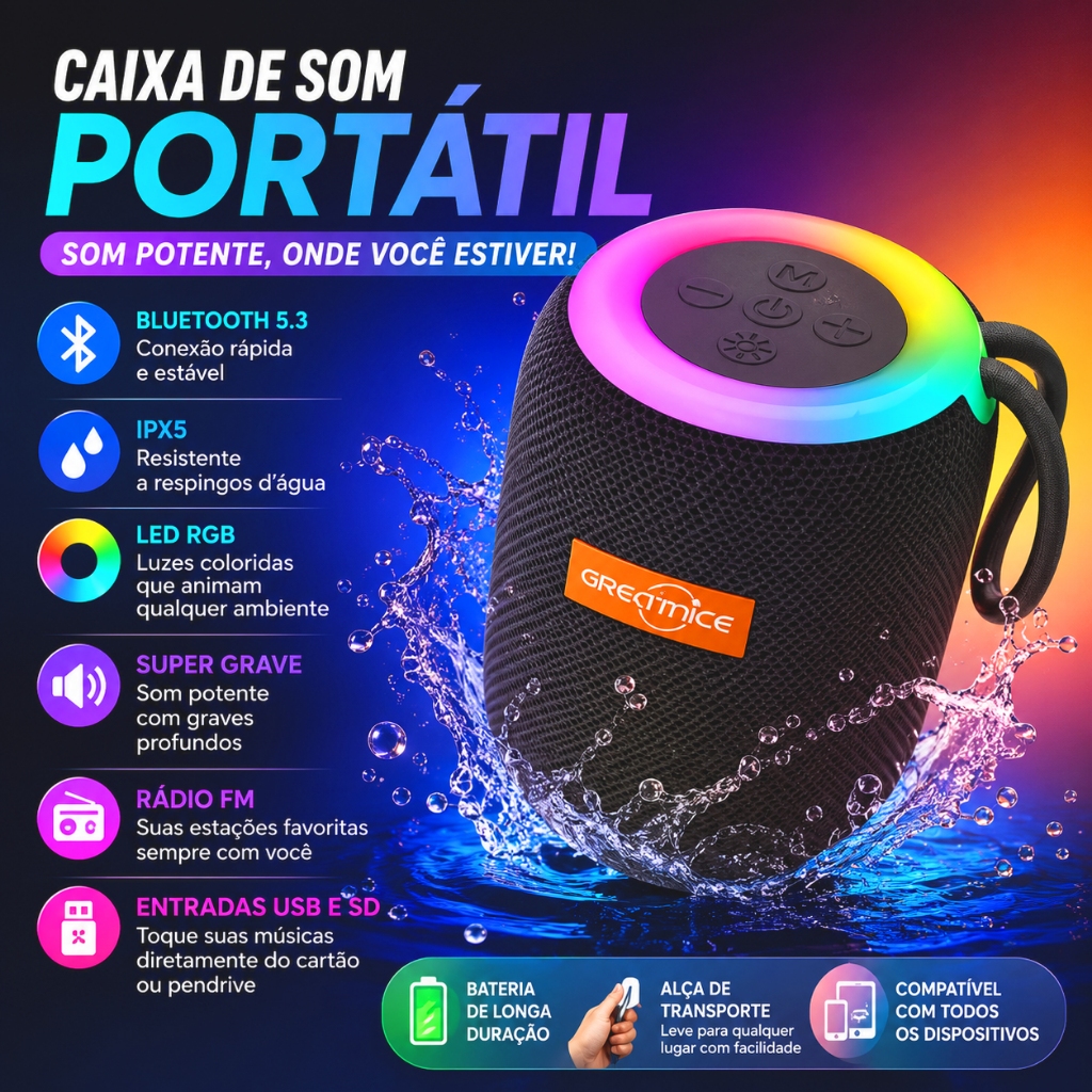 Caixa de Som Portátil Bluetooth com LED / Rádio FM, conexão USB e SD / GTS- 1468