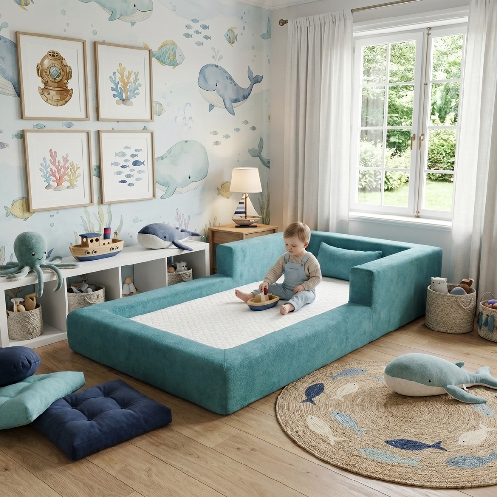 Cama Montessoriana Solteiro Aconchego 100% Espuma Verde Água Keiko