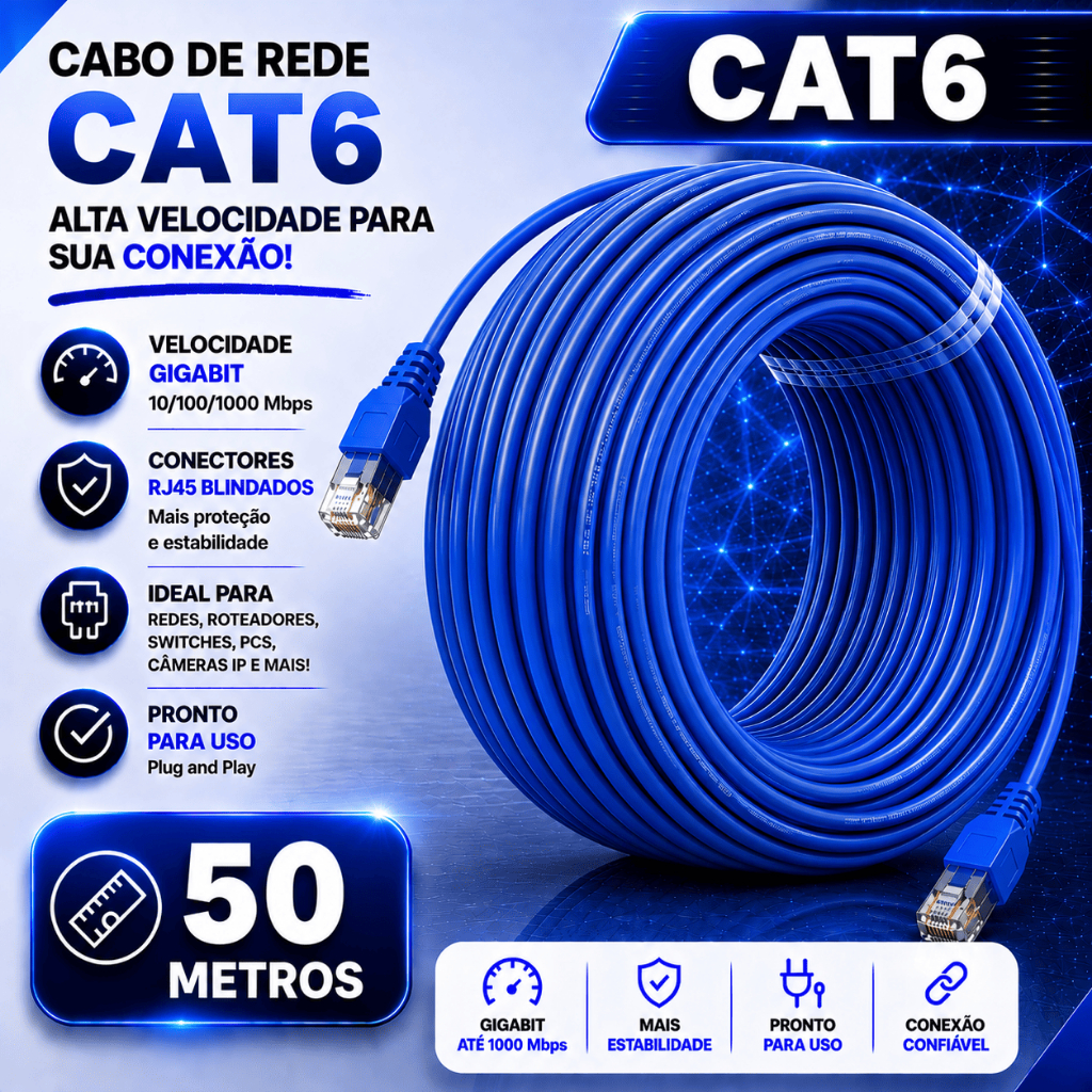 Cabo de Rede CAT6 50 Metros Azul com Conector Blindado Internet Gigabit RJ45