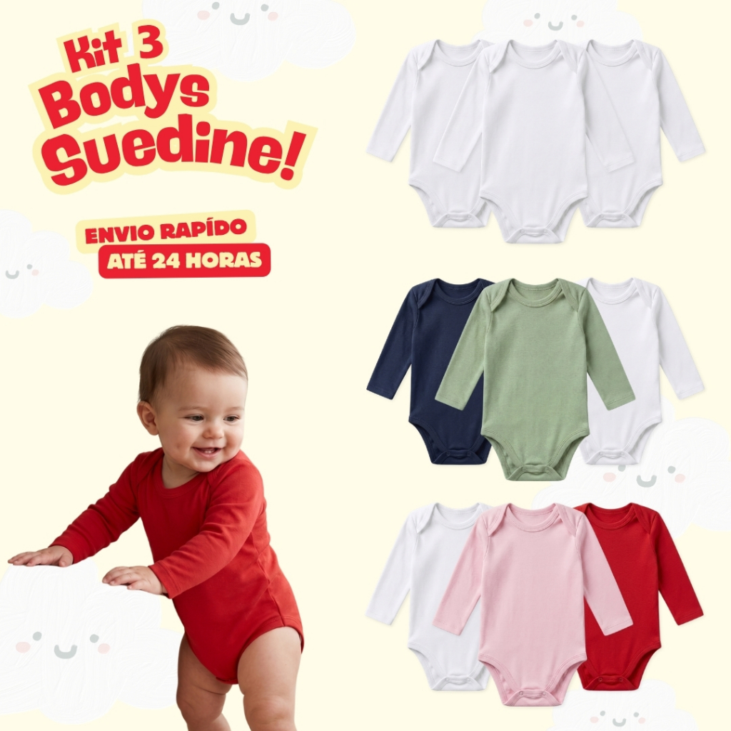 Kit 3 Peças Body Bebê Manga Longa Recém-nascido | Suedine Confortável | Algodão 100% | RN, P, M e G
