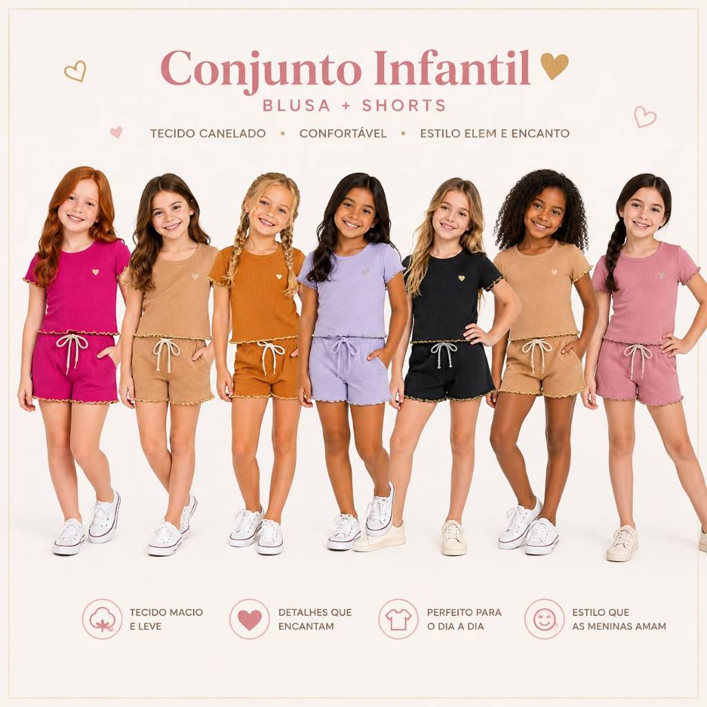 KIT DE CONJUNTO INFANTIL CANELADO COM DETALHE EM BRILHO VERÃO MENINA/FEMININO CONFORTAVEL E ESTILOSO