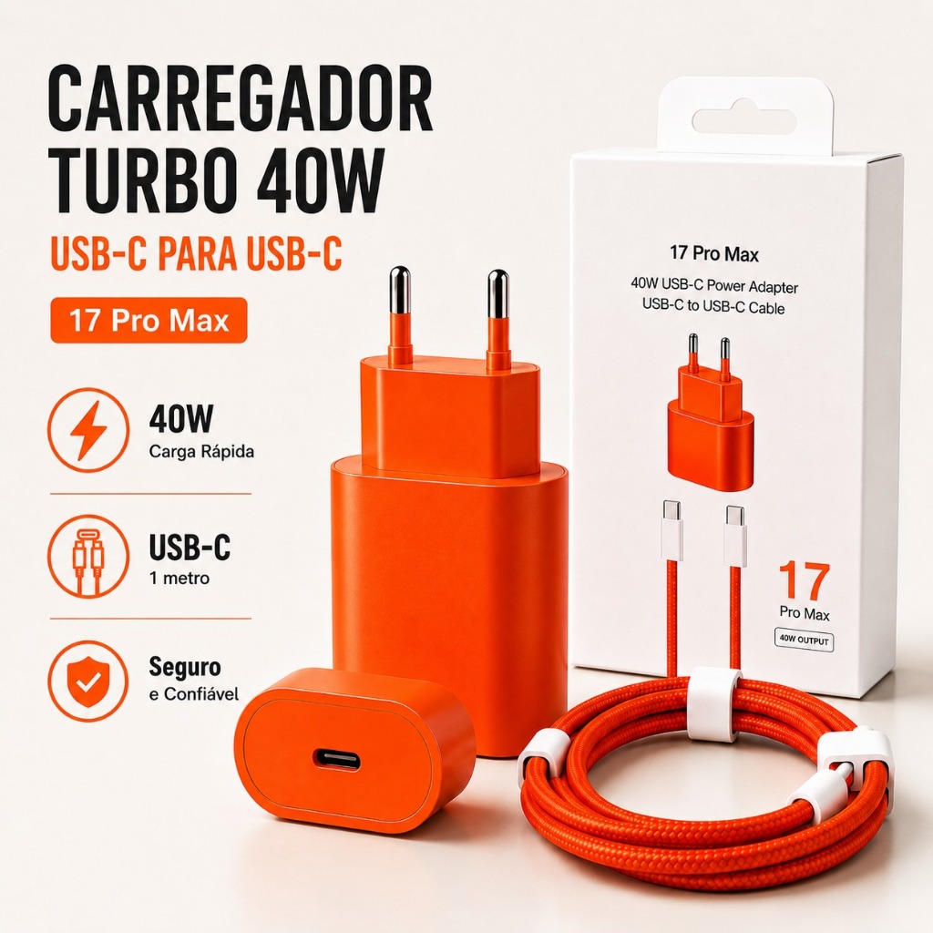 Carregador USB-C 40W Turbo Power Cabo Premium Compativel Para iPhone 15 16 17 Pro Max