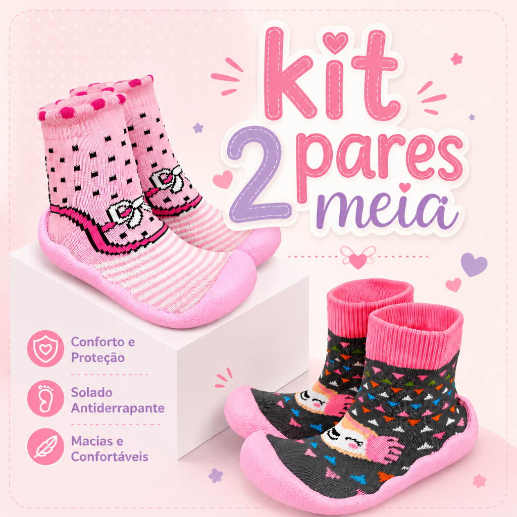 Meia Com Sola Infantil Kit 2 Pares Menina Leve Macio Confortável Primeiros Passos