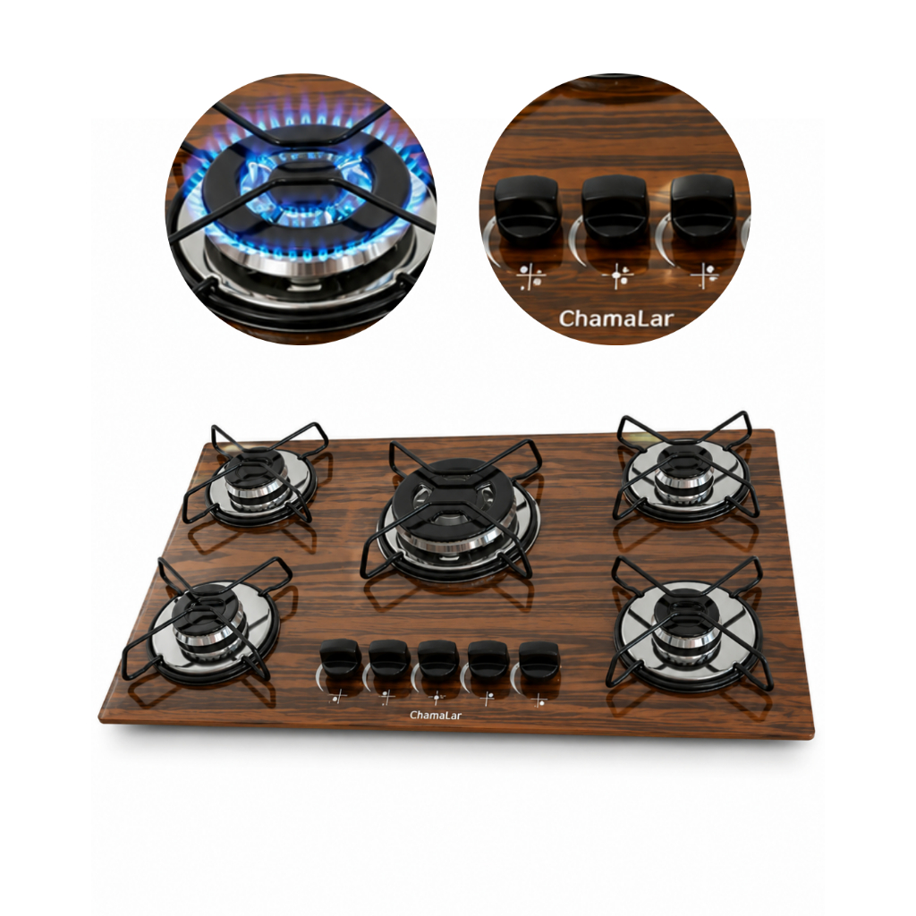 Fogão Cooktop a Gás 5 Bocas Tripla Chama Chamalar 127v/220v Amadeirado