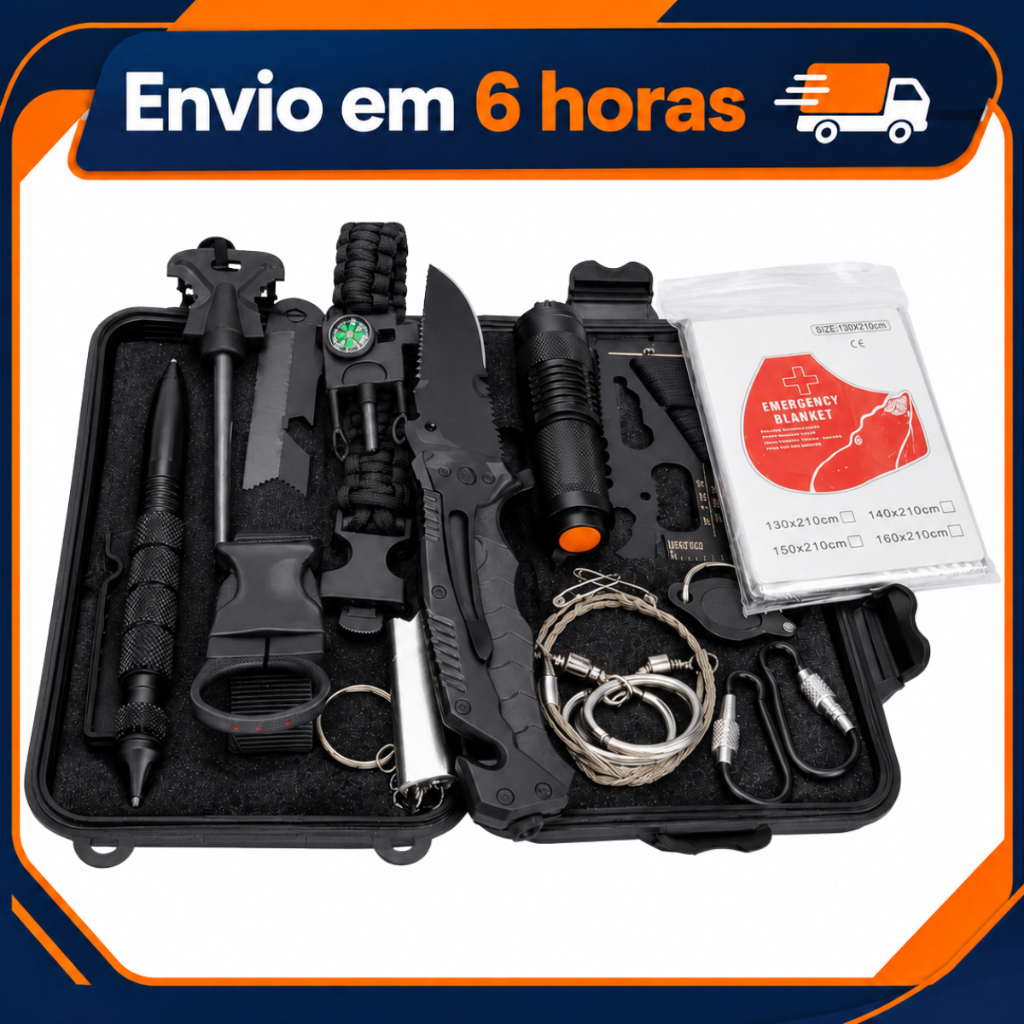 Kit Tático Militar Sobrevivência 14 em 1 Camping Pesca Canivete Lanterna Pederneira Caixa Estanque