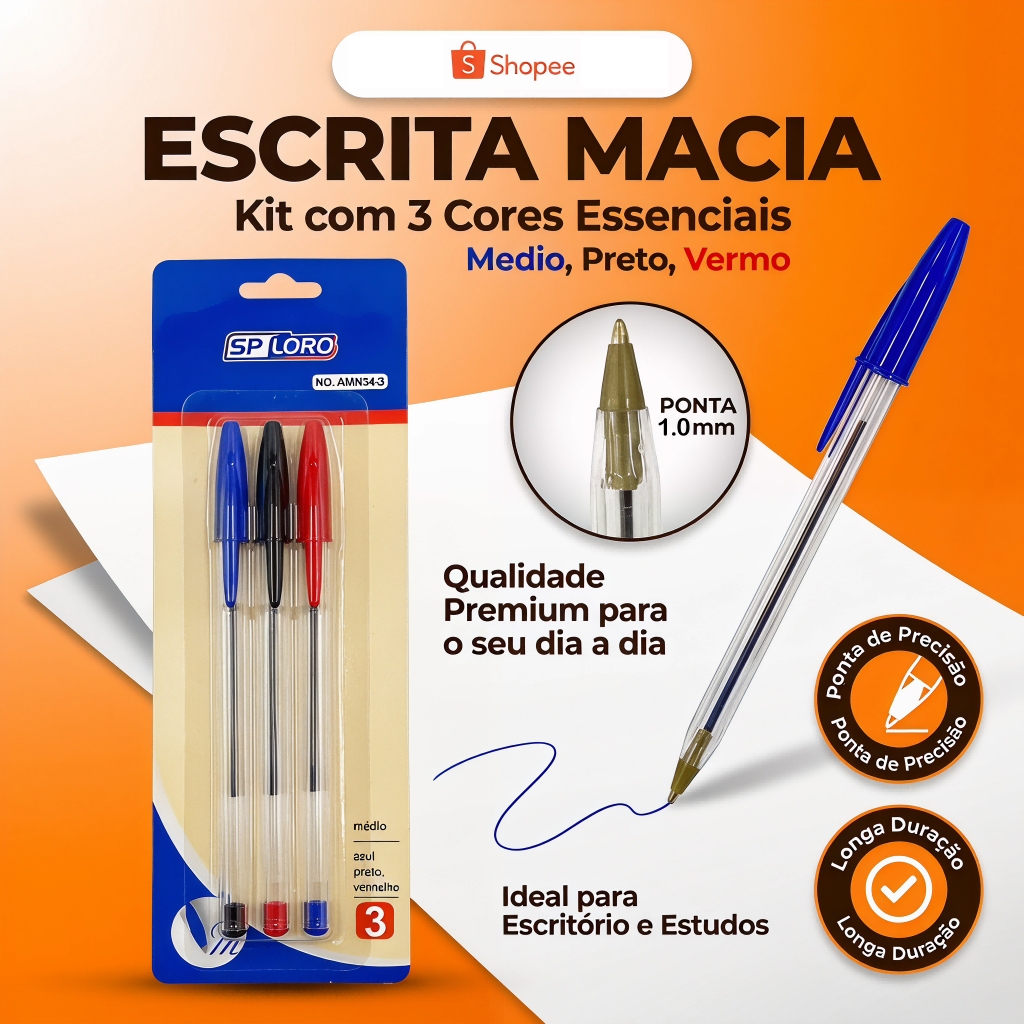 KIT 3 Caneta Esferográfica Azul/Preto/Vermelho Média 1.0mm Escrita Papelaria Escritório Escolar