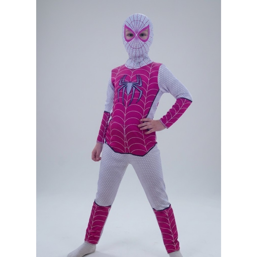 Fantasia Macacão com Máscara Aranha Fantasma Gwen Stacy Mulher Aranha Super-Heroína Feminino Infantil