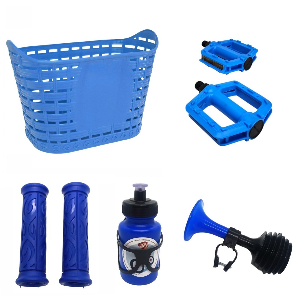 Kit Acessórios Bicicleta Infantil Cesta Buzina Garrafa Manopla e Pedal Plataforma Aro 20 Bike