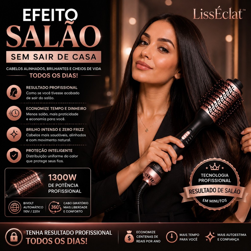 Escova Secadora Profissional Bivolt 1300W Modeladora Alisadora Cabelo Anti Frizz Efeito Salão LissÉclat™