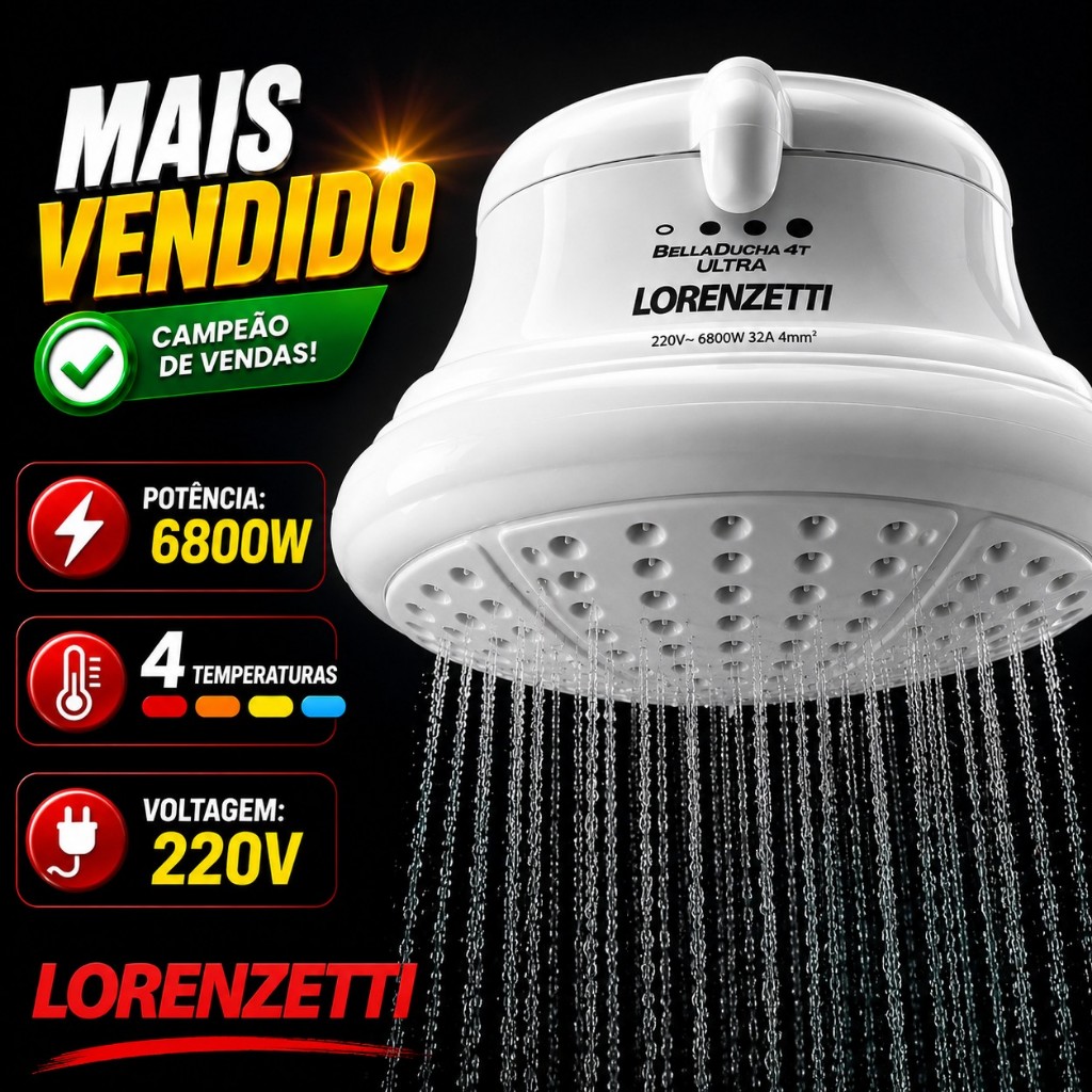 Chuveiro Elétrico Lorenzetti Bella Ducha Ultra 6800W 220V 4 Temperaturas Baixa Pressão Branco