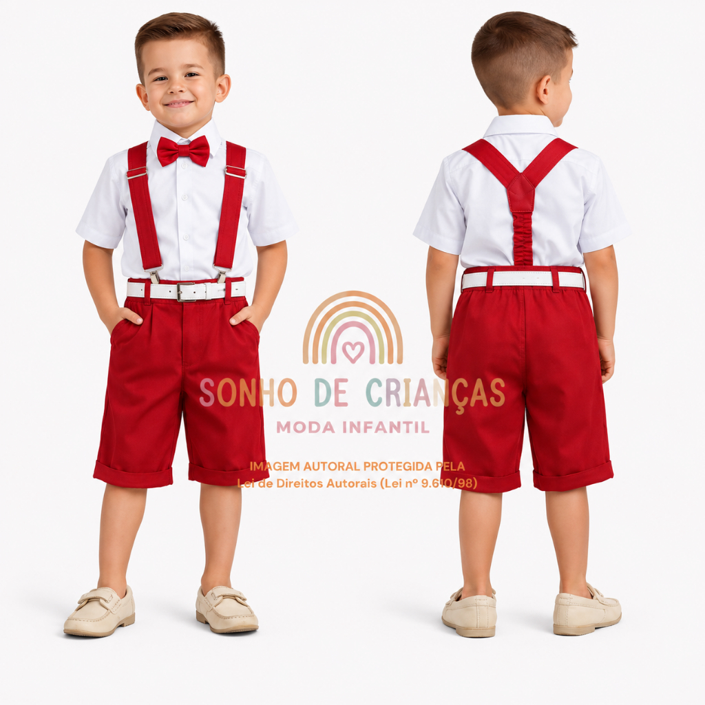 Conjunto Social Infantil Masculino Menino Camisa Branca e Short Vermelho