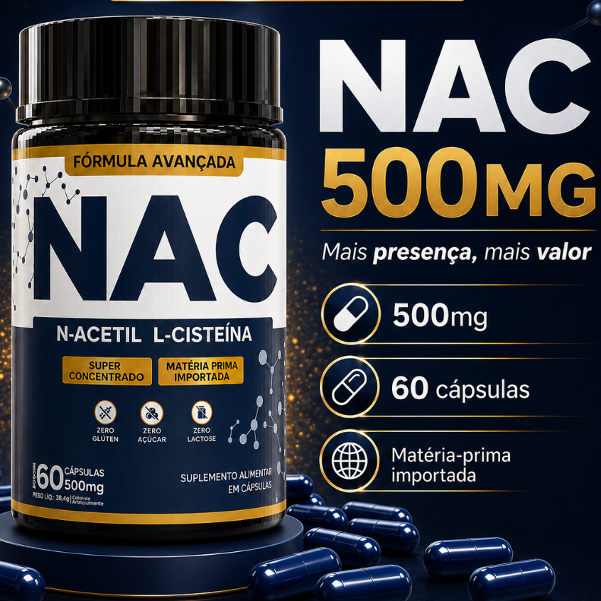 NAC N-Acetil L-Cisteína 500mg | Antioxidante, Detox, Imunidade e Saúde do Fígado – 60 Cápsulas