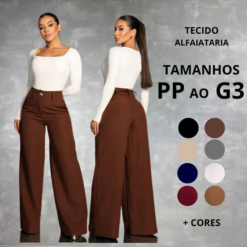 Calça Alfaiataria Pantalona Feminina Premium COM BOLSO Social Cintura Alta Wide Leg Elegante Do PP ao G3 PlusSize