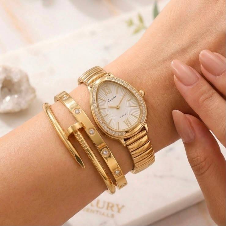Conjunto de Bracelete Relógio Pulseira Aço inoxidável Prata e Dourado Luxo