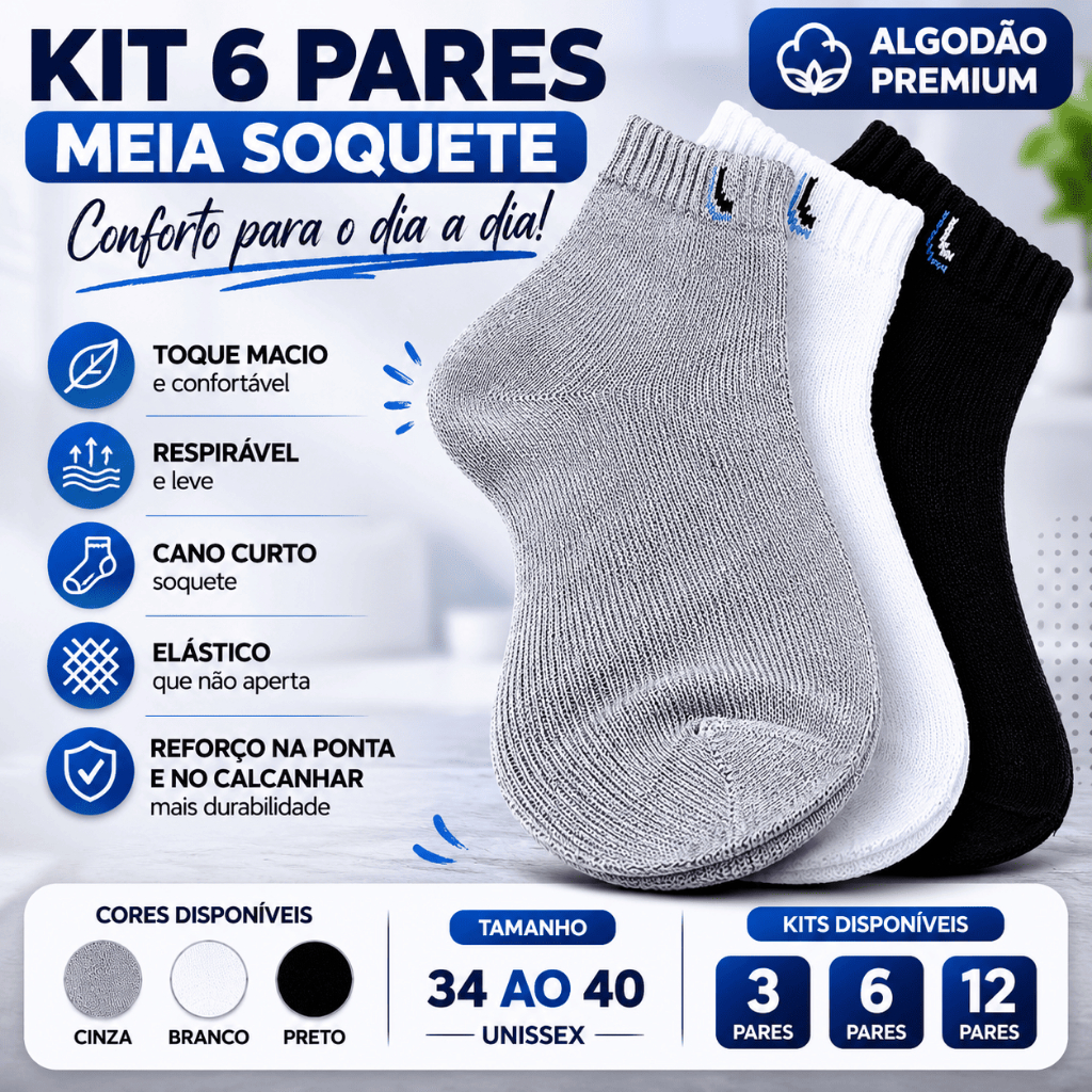 Kit Meia Soquete Cano Baixo Algodão Confortável para Tênis e Sapato Unissex