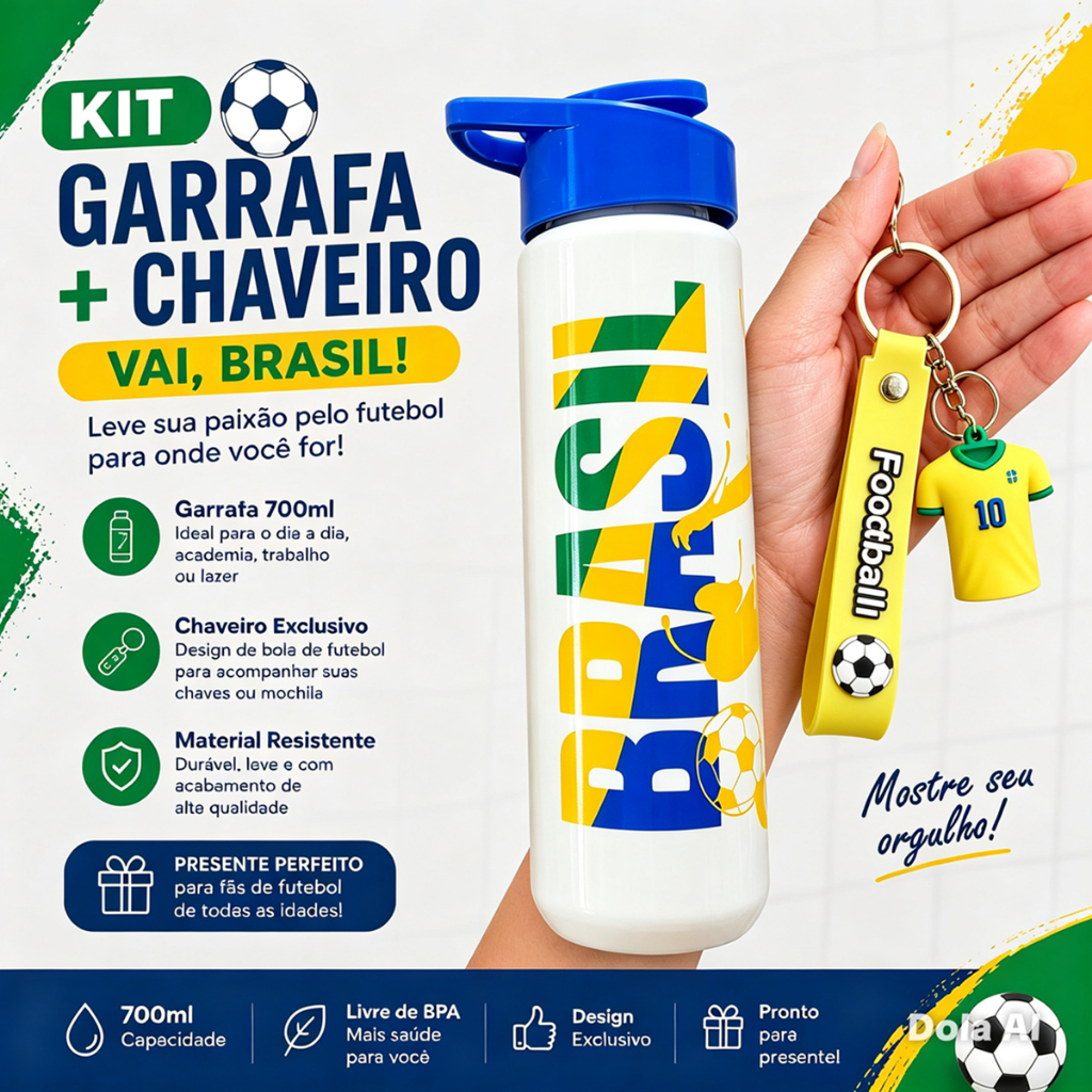 Kit Torcedor Brasil Garrafa Squeeze 700ml + Chaveiro Seleção Brasileira Copa Kit Brasil Garrafa de Água Squeeze Brasil