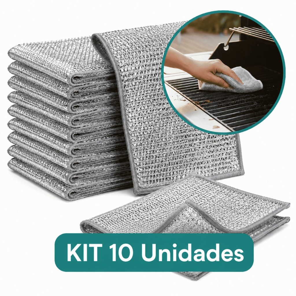 Kit 10 Panos De Limpeza Metálico Multiuso Anti Oleo Limpeza Para Fogão Pia Panelas Louças Fibra Camada Dupla Removedor