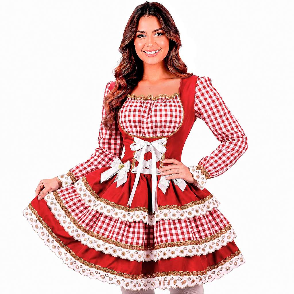 Vestido Festa Junina Adulto Feminino Xadrez Manga Longa de Luxo Ajustável