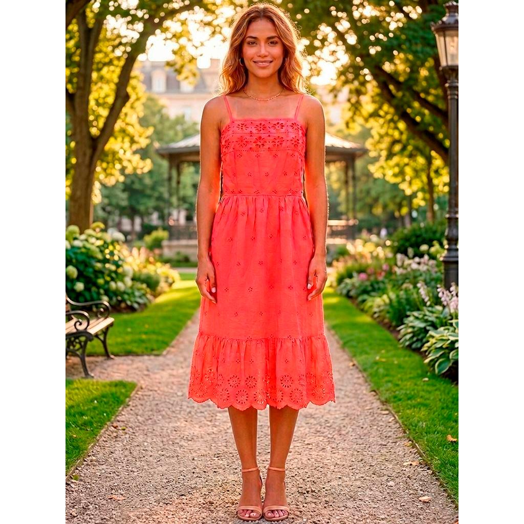 Vestido Laise Vermelho Coral Midi - Tam. M
