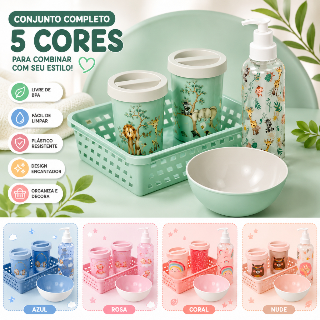 Kit Higiene Infantil Plasútil 5 Peças Com Cesta Dispenser Porta Algodão Porta Cotonete E Molhadeira