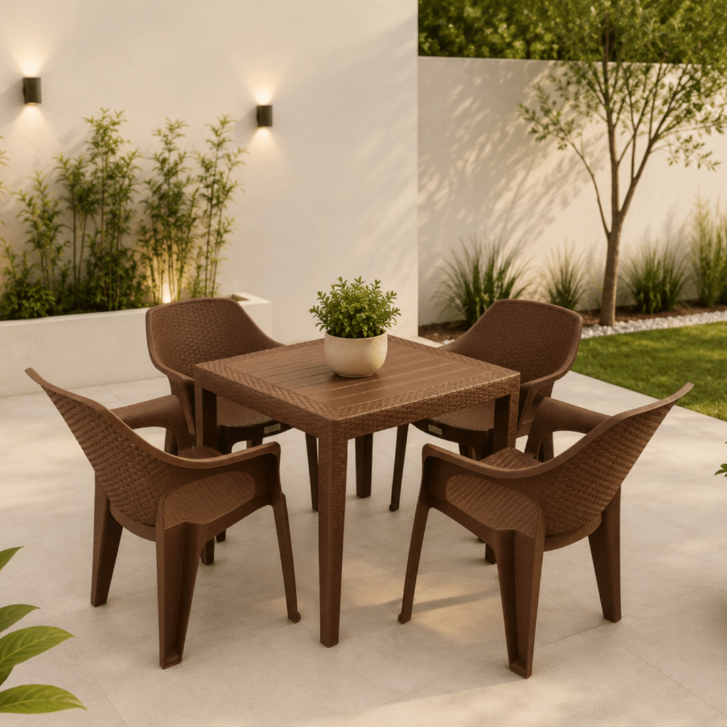 Kit Jogo de Mesa Quadrada com 4 Poltronas Rattan Desmontável Área Gourmet Jardim Varanda Piscina