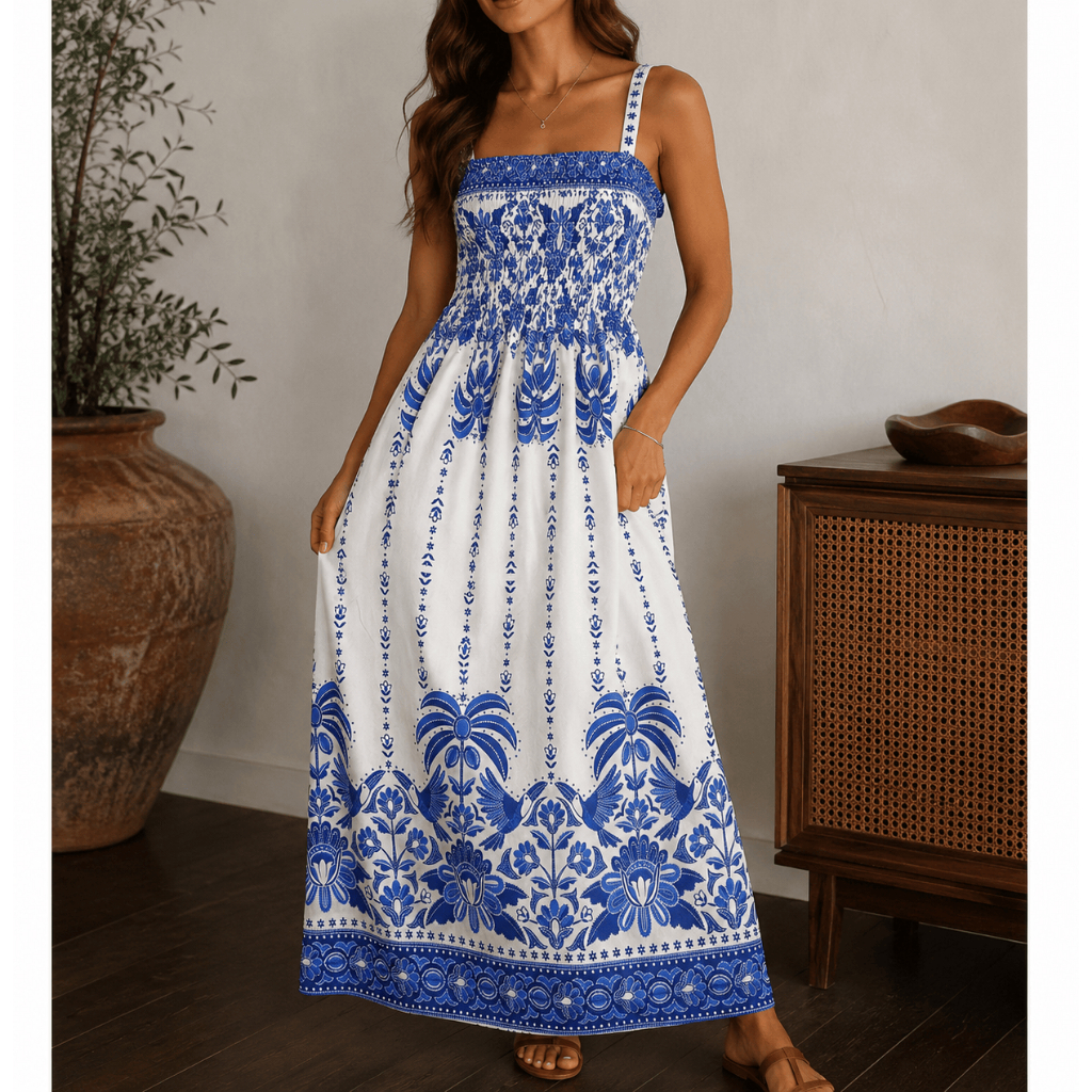 VESTIDO LONGO FEMININO ELEGANTE ALÇA ESTAMPADO VERÃO LASTEX SOLTINHO