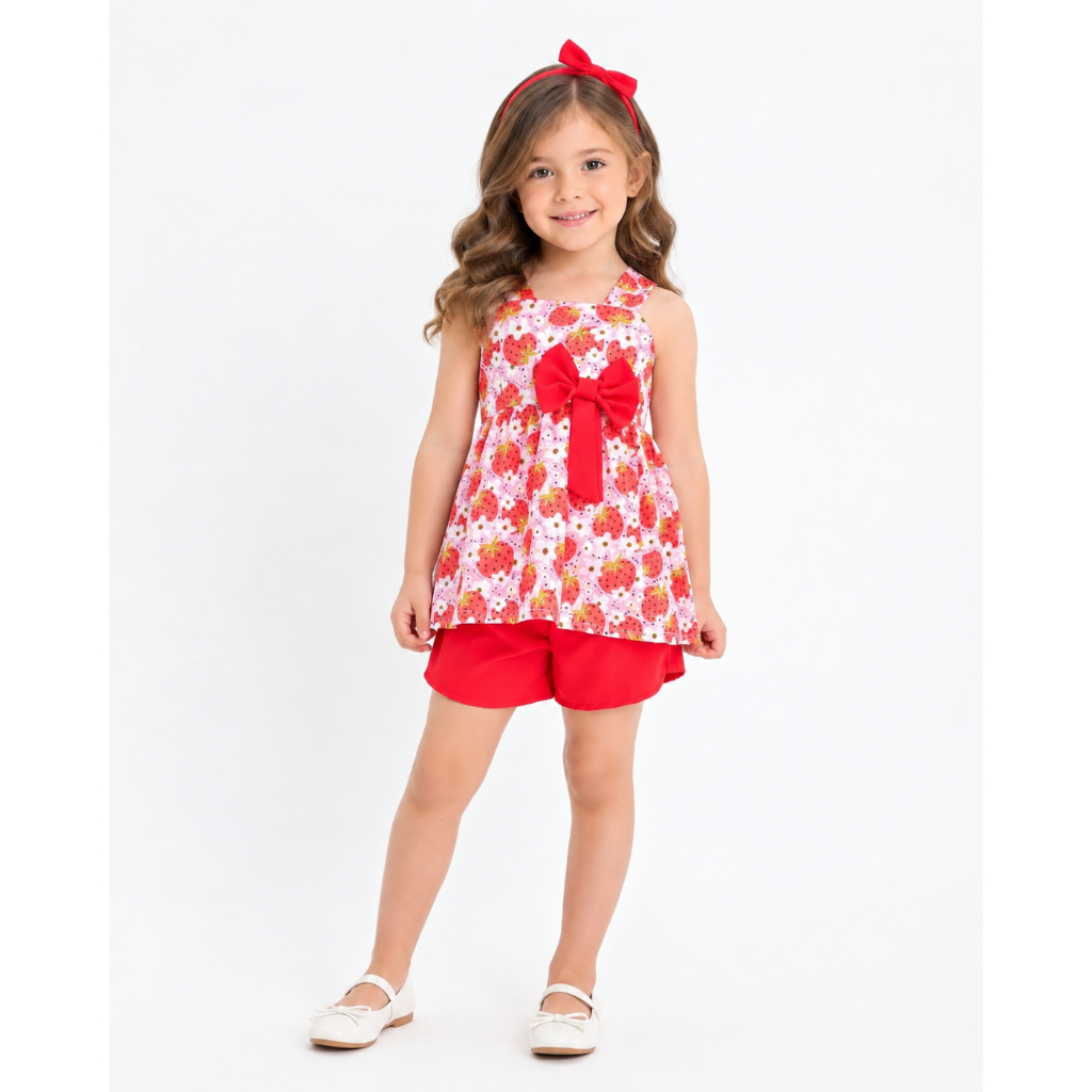 Conjunto Infantil Feminino Verão Blusa Regata e Short com Laço Estampado Look Fofo Menina