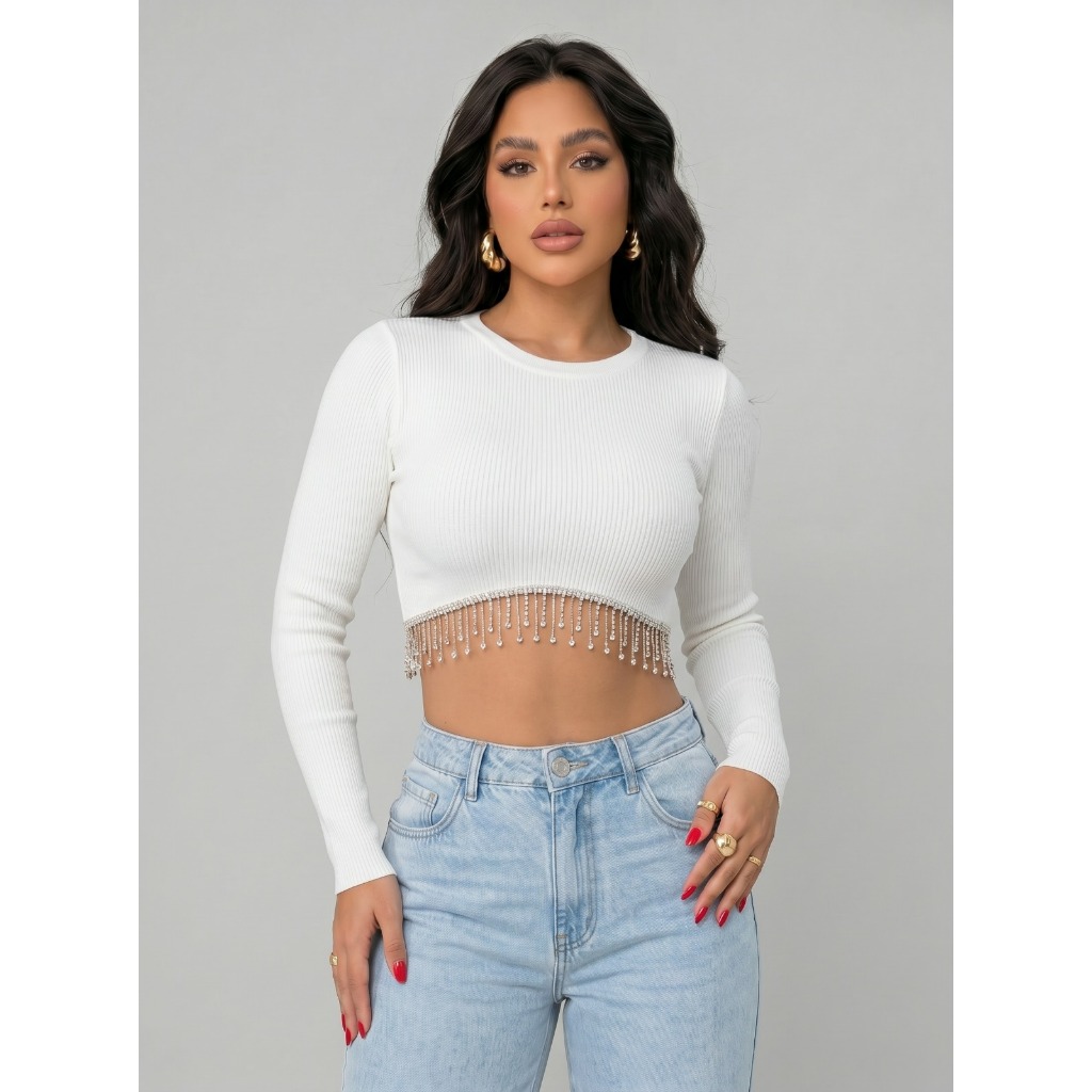 Cropped Manga Longa Blusa Trico Tricot Lanzinha Lã Detalhe Pedraria Brilho Strass Brilhante Preto Verde Rosa Branco