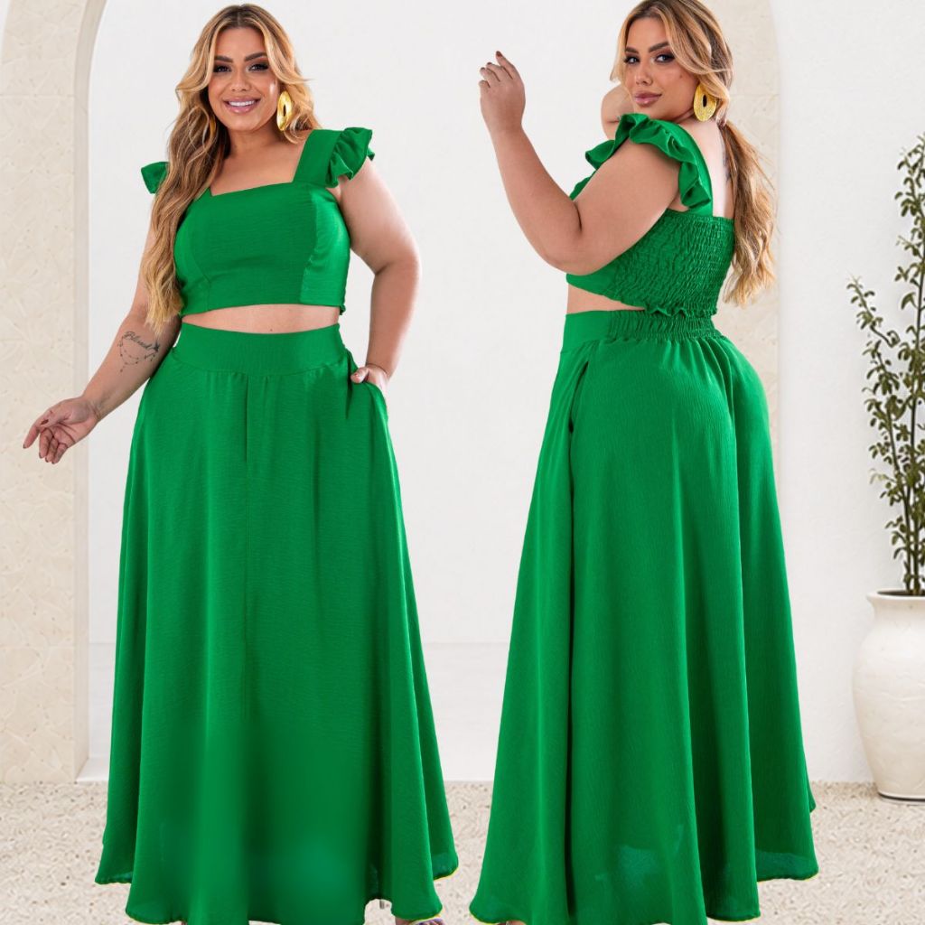 Conjunto de Saia e Cropped Pluss size alça larga reforçada com babado e saia longa gode rodada cintura alta