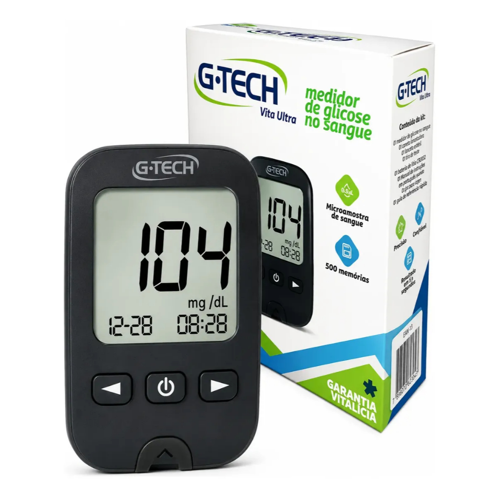 Medidor Glicose Diabete Gtech Vita / Ultra Kit Com 1 Aparelho 1 Caneta 10 Tiras 10 Lancetas Completo
