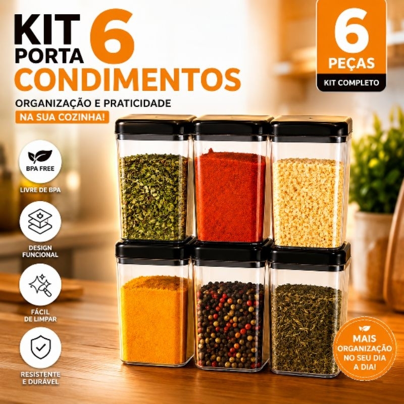 Kit 6 Potes Porta Temperos 200ml Organizador de Cozinha Porta Condimentos Mantimentos Plástico Hermético BPA Free