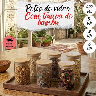 Kit 3 6 9 Potes De Vidro Herméticos Condimentos 200 ML Com Tampa De Bambu para Temperos Grãos Café Mantimentos